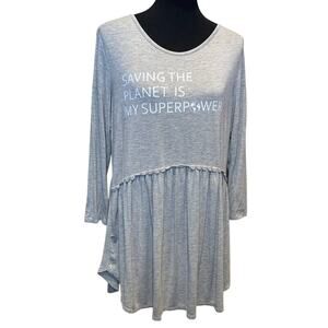 Hand Printed Upcycled Womens Large Saving the Planet Superpower Babydoll Top